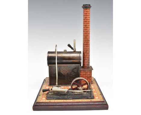 Bing c1900-1905 stationary live steam engine with oscillating cylinder, on wooden&nbsp;tiled effect&nbsp;base&nbsp;