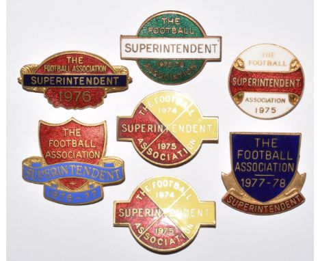 Seven The Football Association enamel Superintendent badges comprising 1975, 1974-1975, 1975, 1975-76, 1976, 1976-77 and 1977