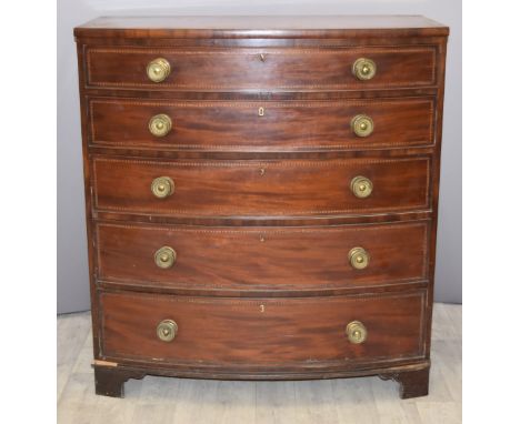 Georgian mahogany bow front chest of five long graduated drawers, W 108 x D 55 x H 116cm