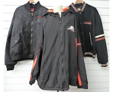 Three Harley Davidson motorcycle jackets comprising wool example, Live The Legend and 'Screamin Eagle Performance Parts', all