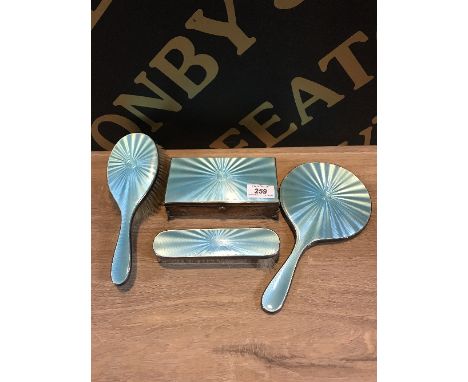 ART DECO SILVER ENGINE TURNED and turquoise enamel jewellery box, hand mirror & 2 brushes, hallmark Birmingham 1930 maker AC