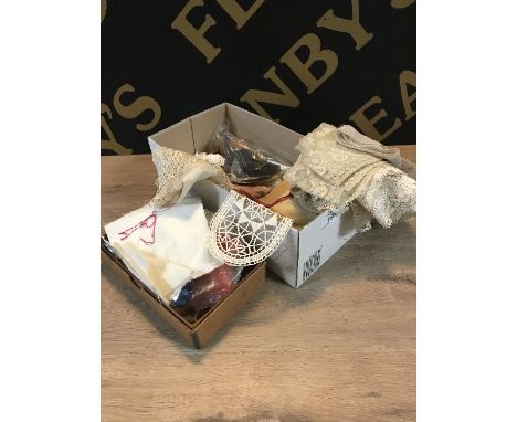 3 SMALL BOXES OF VINTAGE HAND MADE LACE, crochet doilies, tools, threads etc
