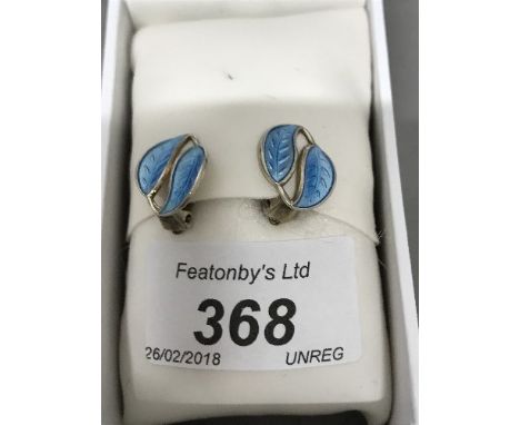 PAIR OF DAVID ANDERSEN SILVER & PALE BLUE ENAMEL CLIP EARRINGS, NORWAY LEAF PATTERN
