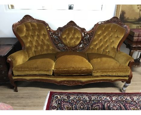 FRENCH STYLE SOFA with shell & scroll detail & gold plush upholstery (170cm)