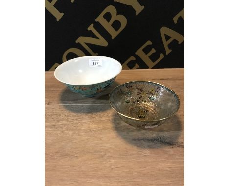 CHINESE TRANSLUCENT CLOISONNE TYPE BOWL depicting an animal amongst flowers (13cm diameter) together with a Chinese ceramic b