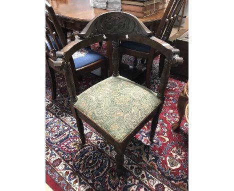 VICTORIAN CARVED OAK CORNER BOW ARM CHAIR