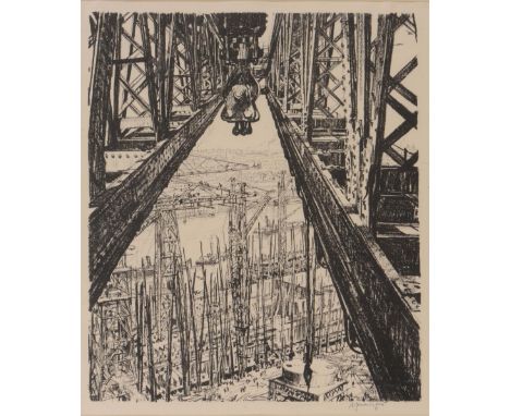 SIR DAVID MUIRHEAD BONE (1876-1953) Building ships: a shipyard seen from a big crane, lithograph from the Great War: Britain'