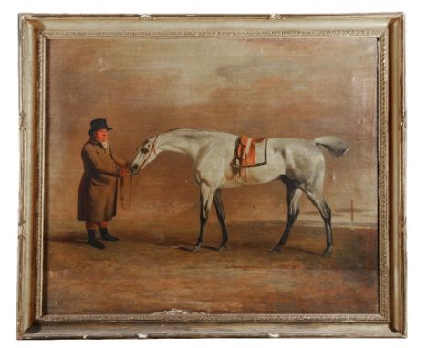 CIRCLE OF BENJAMIN MARSHALL (1767-1835) Portrait of a grey racehorse with trainer, oil on canvas, 85 x 101cm