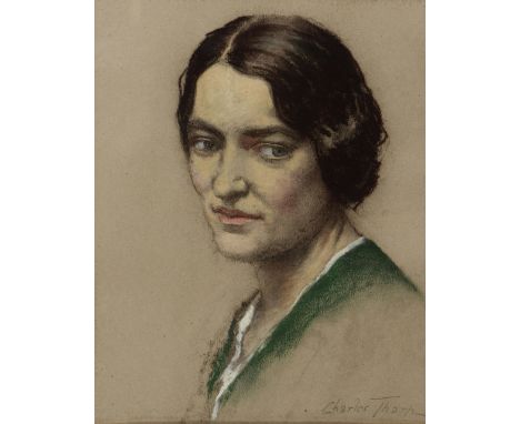 CHARLES THARP (1871-1954)  Portrait of a lady, signed, pastel, 35.5 x 28cm; together with two unframed watercolours by J Hall