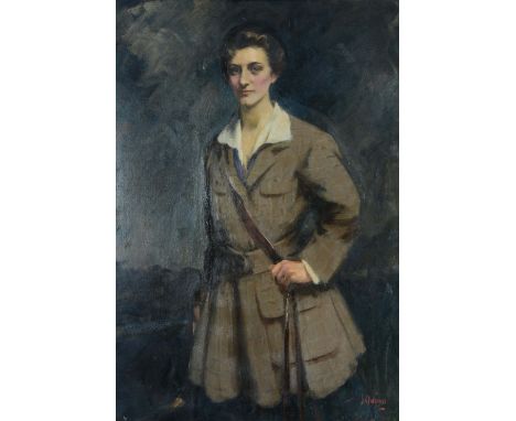 JAMES PETER QUINN (AUSTRALIAN 1869-1951) Three quarter length portrait of a young lady wearing a check pattern khaki coat and