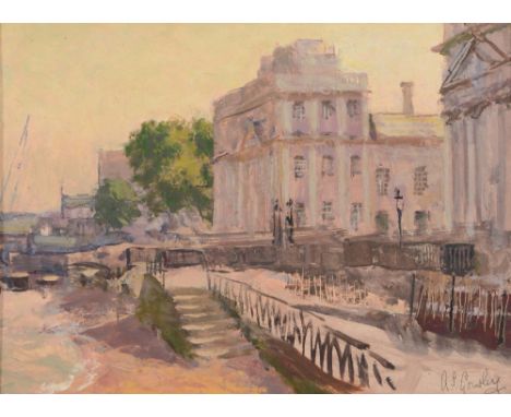 ALAN S. GOURLEY (1909-1991) Promenade with columned building, signed, oil on board, 25 x 35cm; three further by the same hand