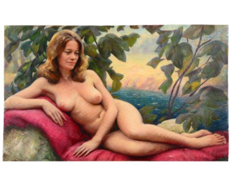 VICTOR H. VOYSEY (20TH CENTURY) Portrait of a reclining female nude, signed to canvas verso and dated 1973, oil on canvas, 85
