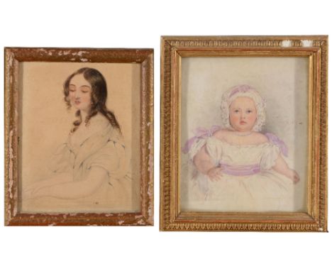 19TH CENTURY ENGLISH SCHOOL Portrait of a young child, her white frock with purple sashes, on ivory, inscribed "Queen Victori