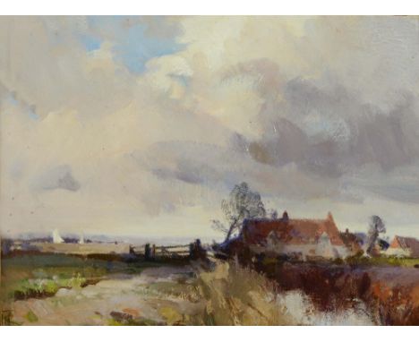 T * R * River landscape with cottages, signed with monogram, oil on board, 27.5 x 37.5cm