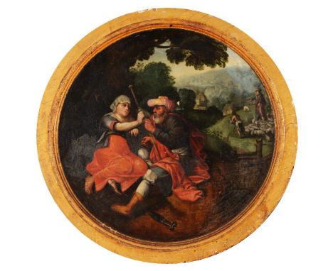 17TH CENTURY FLEMISH SCHOOL An artisan with companion in a landscape with figures and sheep in the middle distance, oil on pa