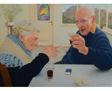PHILIP DAWES (20TH CENTURY)  'Portrait of Bolivar, the Painter, with his sister', signed and dated 1987, oil on canvas, 59 x 