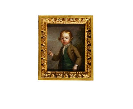 ENGLISH SCHOOL (18TH CENTURY) Portrait of a young boy, half length, wearing green waistcoat with grey jacket, and holding a w