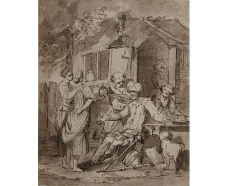 18TH CENTURY ENGLISH SCHOOL Don Quixote at the Inn, pen, ink and grey washes, 24 x 20cm With attribution to John Hamilton Mor