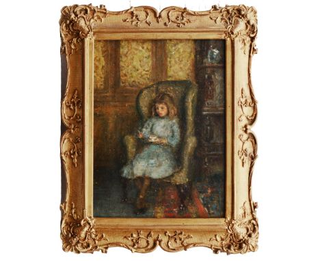 ENGLISH SCHOOL (LATE 19TH/EARLY 20TH CENTURY) Portrait of a young girl with cup of tea seated in a wing armchair, oil on boar