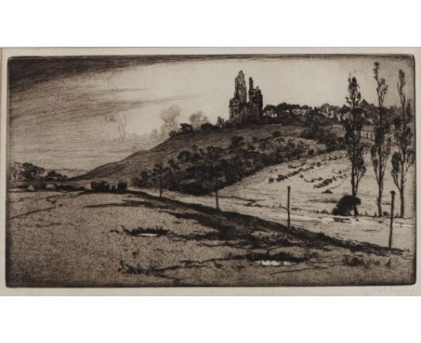 CYRIL HENRY BARRAUD (1877-1965) Landscape with ruined castle, signed in pencil to the margin, etching, 18 x 33cm (pl)
