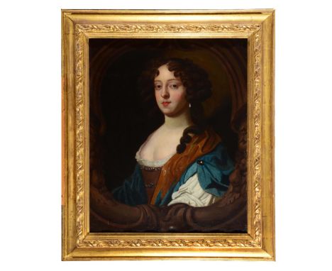 CIRCLE OF MARY BEALE (1633-1699) Bust length portrait of a lady with long curly hair and brown dress within a cartouche, oil 