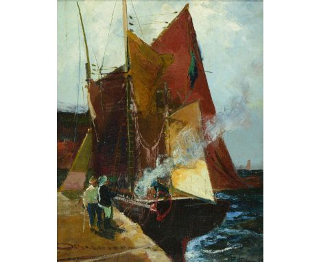 EDWIN ELLIS (1841-1895) Two figures admiring a sailing vessel docked at a quay, signed, oil on panel, 24 x 19cm