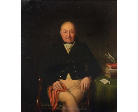 ENGLISH SCHOOL (EARLY 19TH CENTURY) Portrait of a naval officer seated in a chair, his left elbow resting upon a table with b