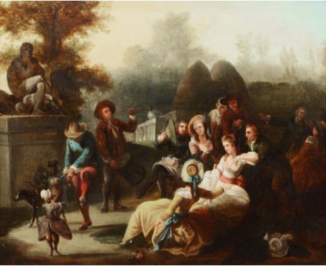 FOLLOWER OF JEAN ANTOINE WATTEAU A group of figures admiring a dancing dog in a landscape, oil on panel, 47 x 58cm