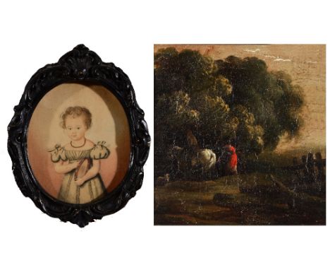 CONTINENTAL SCHOOL (19TH CENTURY) Travellers on foot and horseback on a wooded path, oil on board, 12 x 12.5cm; and an early 