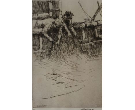 ARTHUR BRISCOE (1873-1943) Overhauling the nets, etching, signed in pen to the margin and numbered ?53/75, 27 x 18cm