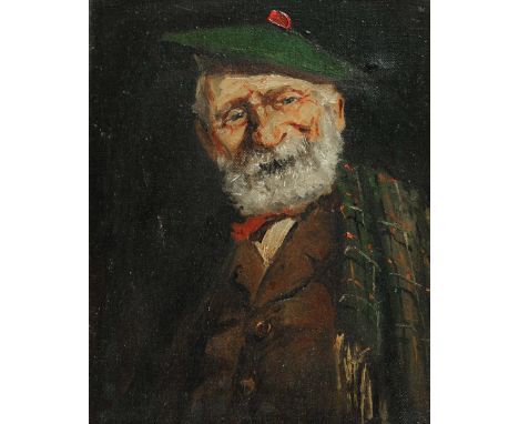 19TH CENTURY SCOTTISH SCHOOL Half length portrait of a bearded gentleman wearing a beret and tartan shawl, oil on canvas, 24 