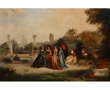 R * TAVEL (19TH CENTURY)  A group of elegant young ladies in a formal garden, signed and dated 1864, oil on canvas, 58 x 87cm