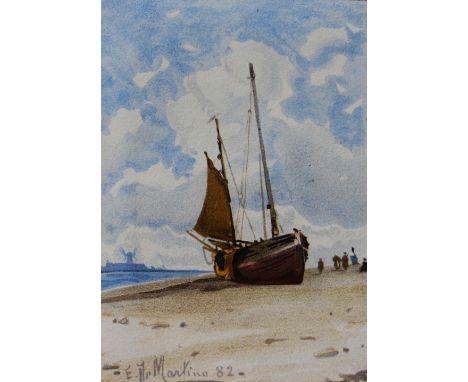 AFTER EDUARDO DE MARTINO A beached fishing boat with figures, chromo-lithograph published by W.A.M. & Co., 12 x 8cm; and thre