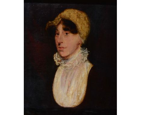 PHINEAS LOWTHER (1780-1856) Bust length portrait of a lady wearing a beige cap, inscribed verso 'Phineas Lowther Pinxt 1804',