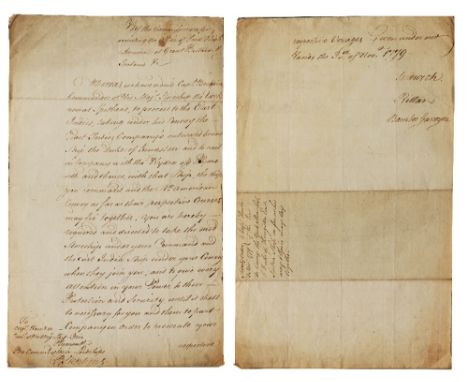 AN ADMIRALTY ORDER dated 3 Nov 1779 to Captain Hawkes of the Iris to 'Convoy the York Store Ship and Duke of Kingston East In
