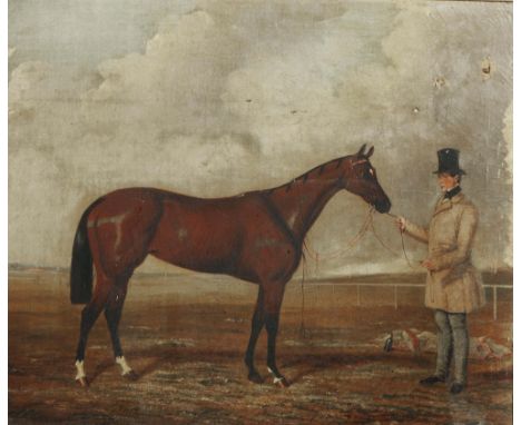 CIRCLE OF BENJAMIN MARSHALL (1767-1835) Portrait of a Bay racehorse in a paddock with trainer, oil on canvas, 49 x 60cm