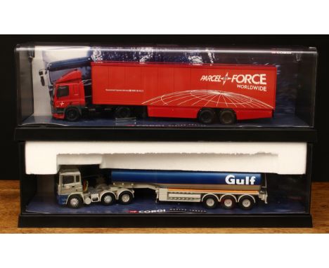 Corgi 1:50 scale Modern Trucks models, comprising 75101 ERF tanker - Gulf Oil, perspex cased; 75501 Leyland DAF box trailer -