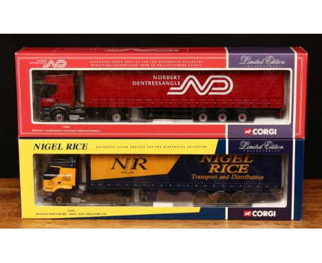 Corgi 1:50 scale models, comprising 75603 Renault Curtainside - Norbert Dentressangle, window boxed with tachograph certifica