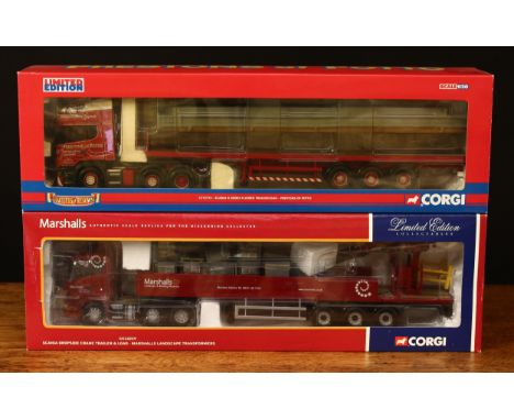 Corgi 1:50 scale models, comprising CC12219 Scania Dropside crane trailer and load - Marshalls Landscape Transformers, window