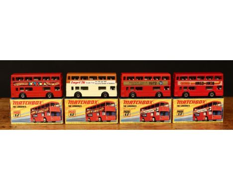 Matchbox 1-75 series models, Superfast issues, comprising 17f Daimler 'Londoner' bus, cream and tan body with 'IMPEL 76, TRAD