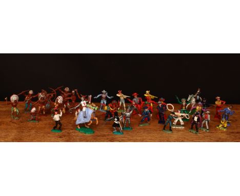 Timpo Toys plastic 'Swoppet' figures, comprising a Crusader figure, mounted on horseback with flail; a Medieval Knight on foo