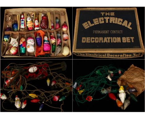 A set of 1940's novelty decorative Christmas light bulbs, The Electrical Permanent Contact Decoration set, comprising various