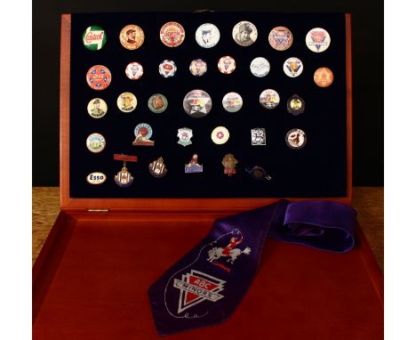 A collection of mid 20th century and later pin badges, comprising a Butlin's 1950 gilt and enamel pin badge; a Butlin's 1960 