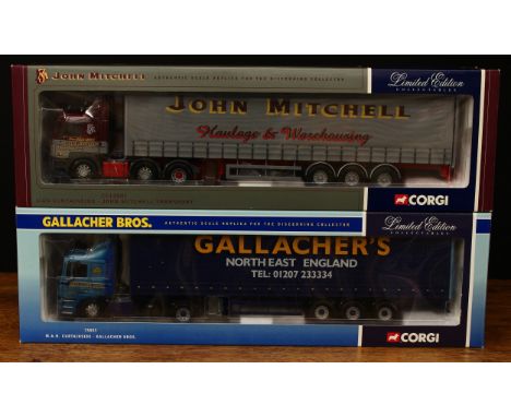 Corgi 1:50 scale models, comprising CC12001 MAN Curtainside - John Mitchell Transport, window boxed with tachograph certifica