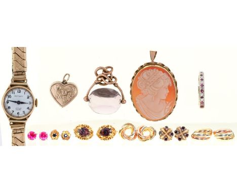 Miscellaneous gold articles,&nbsp; to include a Rotary lady's wristwatch on base metal bracelet and a cameo pendant, 38g  Goo