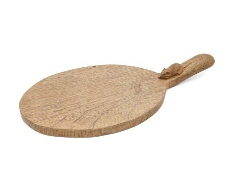 A Robert 'Mouseman' Thompson oak cheeseboard, the handle with carved mouse 'signature', 36.5cm l  Not cracked or chipped