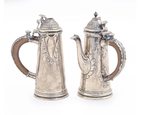 A pair of Edwardian silver chocolate pots, in Queen Anne style, with cut card ornament, 15cm h, by Elkington &amp; Co Ltd, Lo