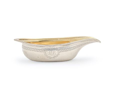 A George III silver pap boat, engraved with diaper border and contemporary initials REB, 12.8cm l, by John Emes, London 1805,