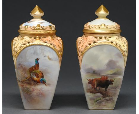 Two Royal Worcester pot pourri vases and covers, 1902 and circa, painted by John Stinton or Jas Stinton, both signed, with hi