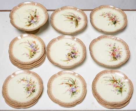 A Royal Worcester primrose ground dessert service, 1891, painted by George Hundley, with flowers, in sepia printed border and